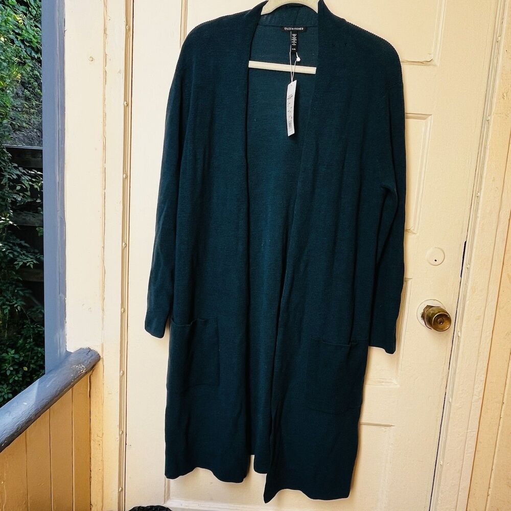 Eileen Fisher Merino Wool Duster XL Teal Green Long Cozy Lagenlook Comfy w/flaws